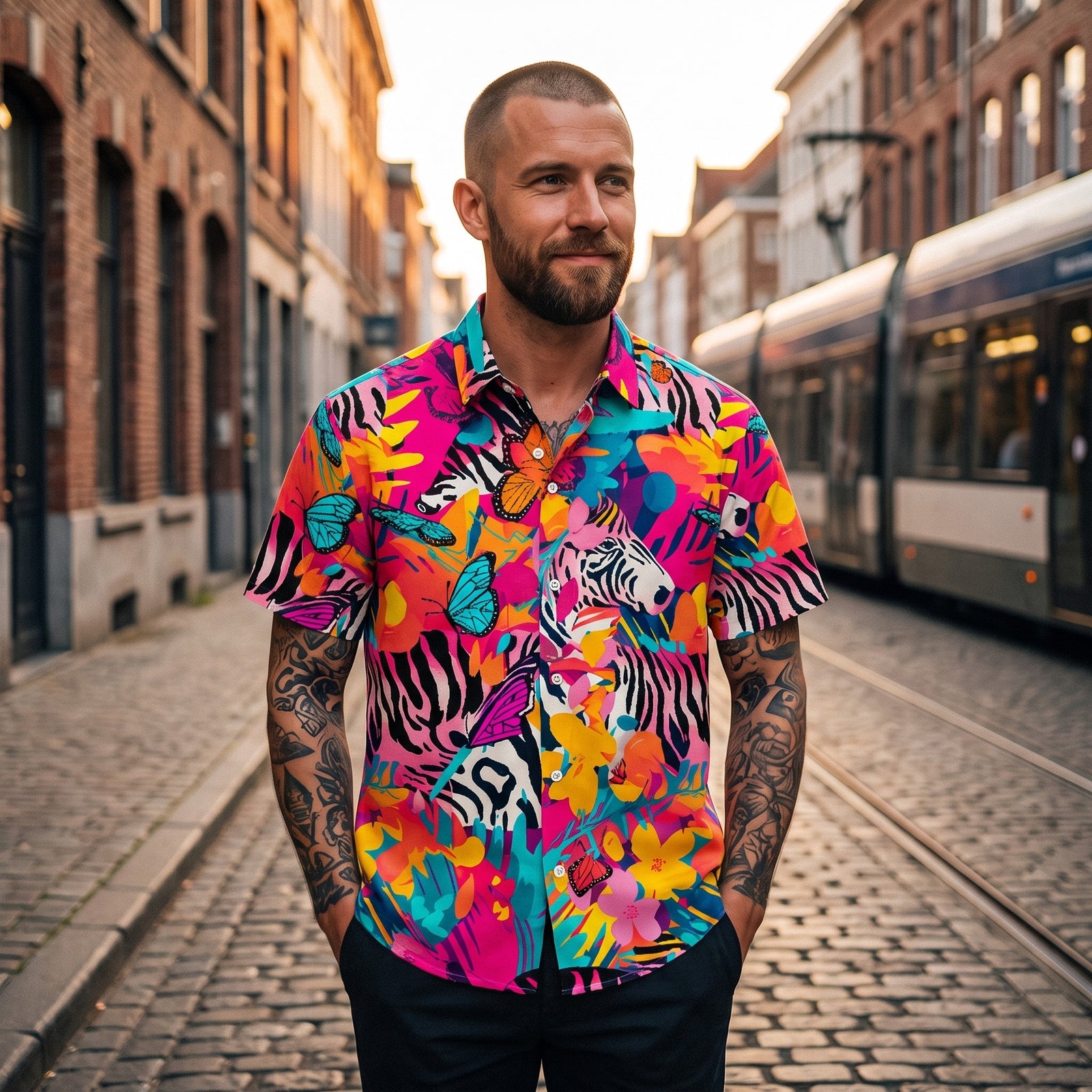 Homme portant la chemise originale tropicale zèbre dans une rue belge, streetwear CHT'M