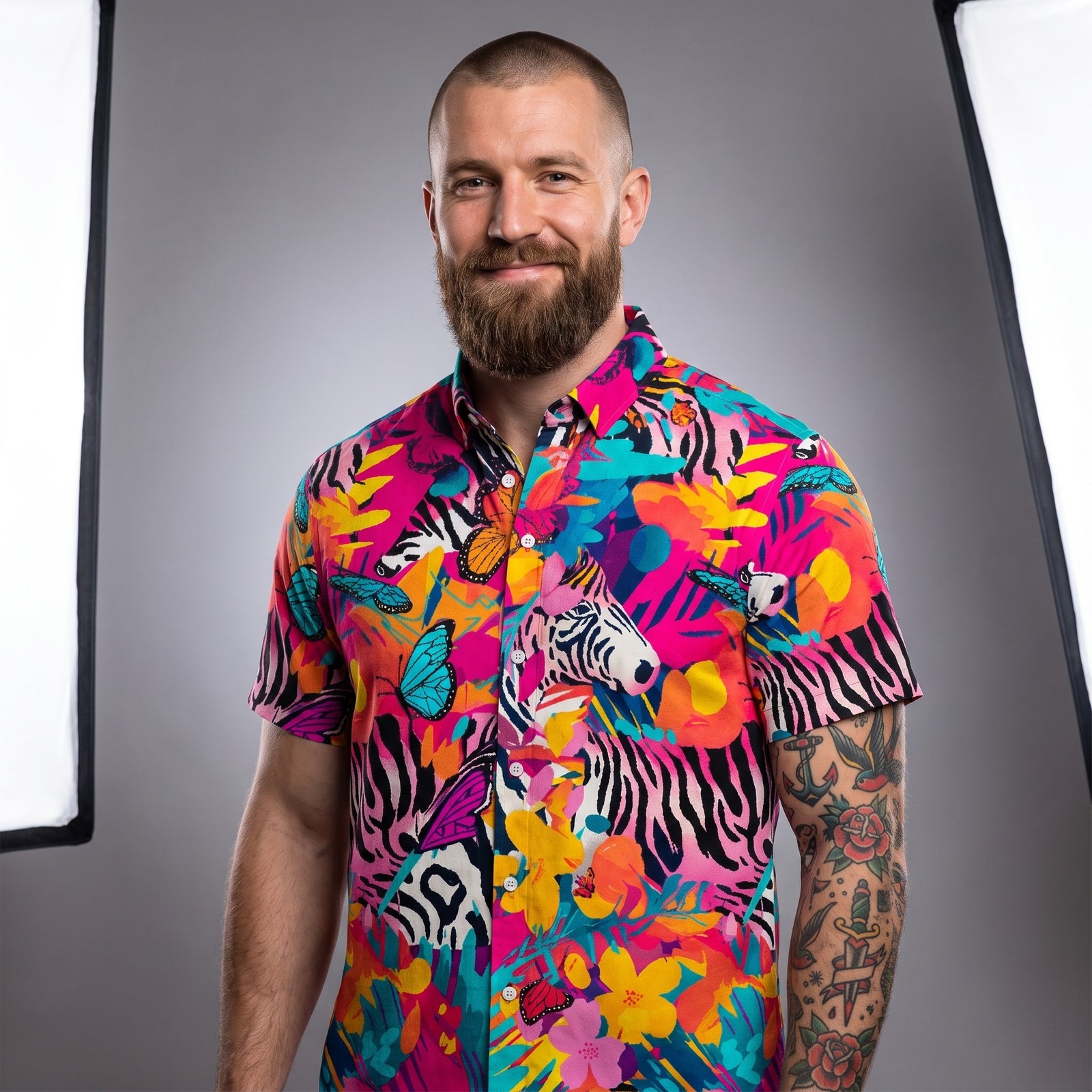 Homme portant la chemise originale tropicale zèbre en studio, photo produit CHT'M