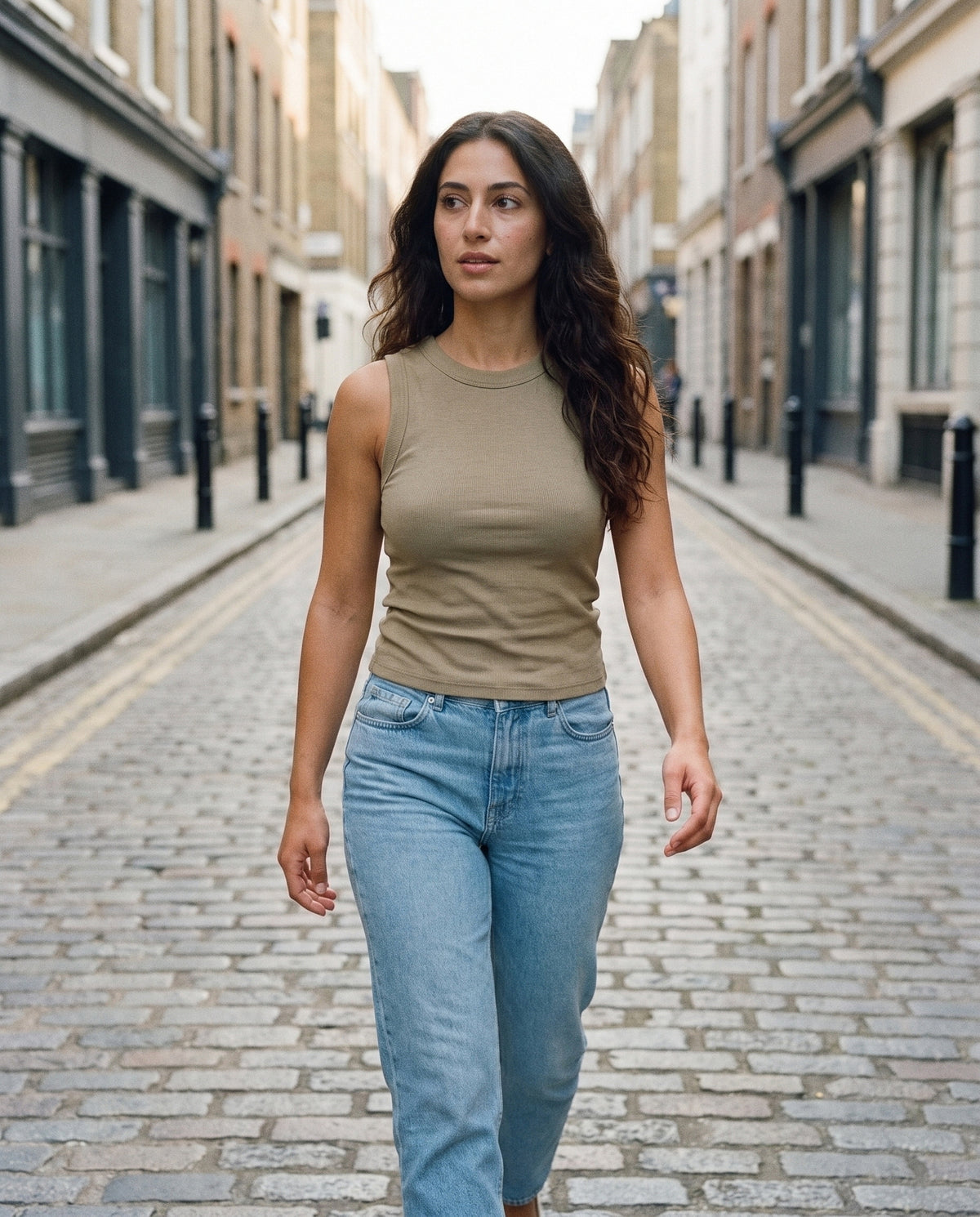 Débardeur femme col rond kaki CHT'M porté en ville — coton stretch 230 g