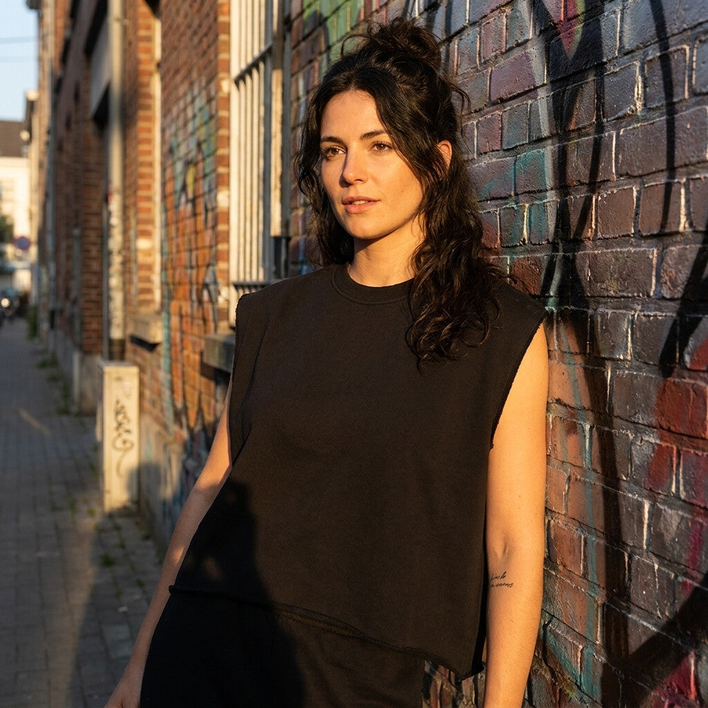 Femme portant le débardeur oversize original CHT'M Boutique en rue