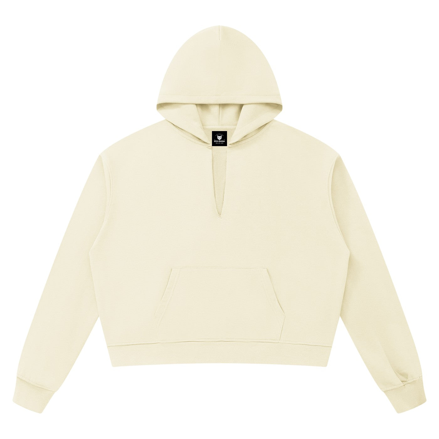 Hoodie boxy bord brut unisexe abricot clair vu de face, poche kangourou