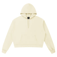 Hoodie boxy bord brut unisexe abricot clair vu de face, poche kangourou