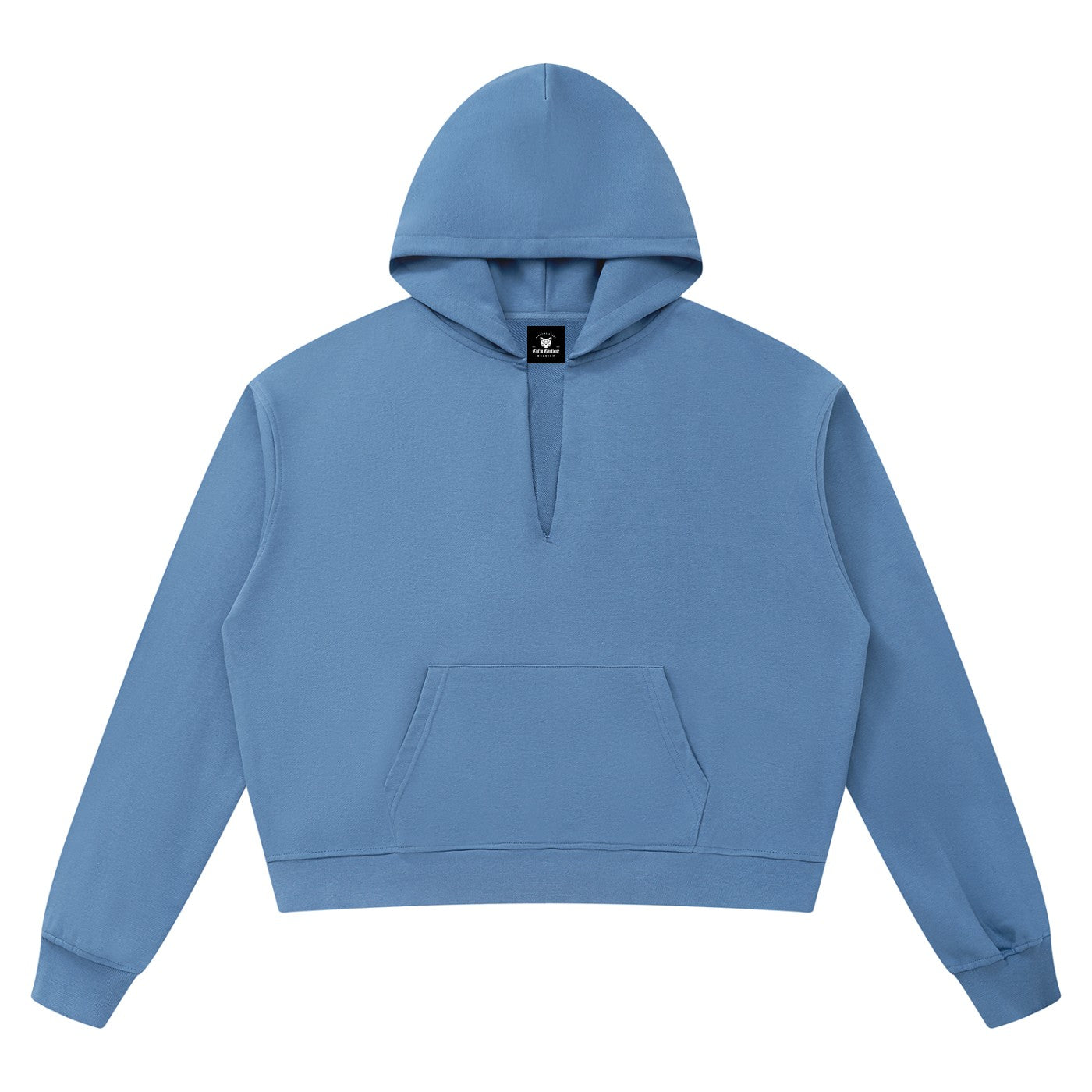 Hoodie boxy bord brut unisexe bleu gris vu de face, poche kangourou