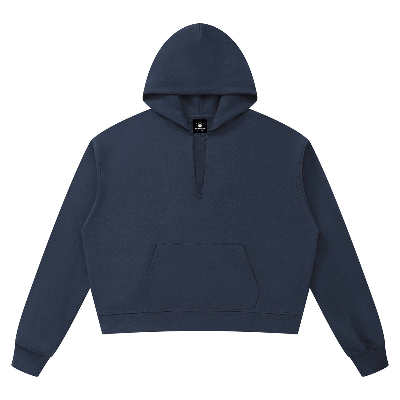 Hoodie boxy bord brut unisexe bleu marine vu de face, poche kangourou