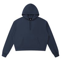Hoodie boxy bord brut unisexe bleu marine vu de face, poche kangourou