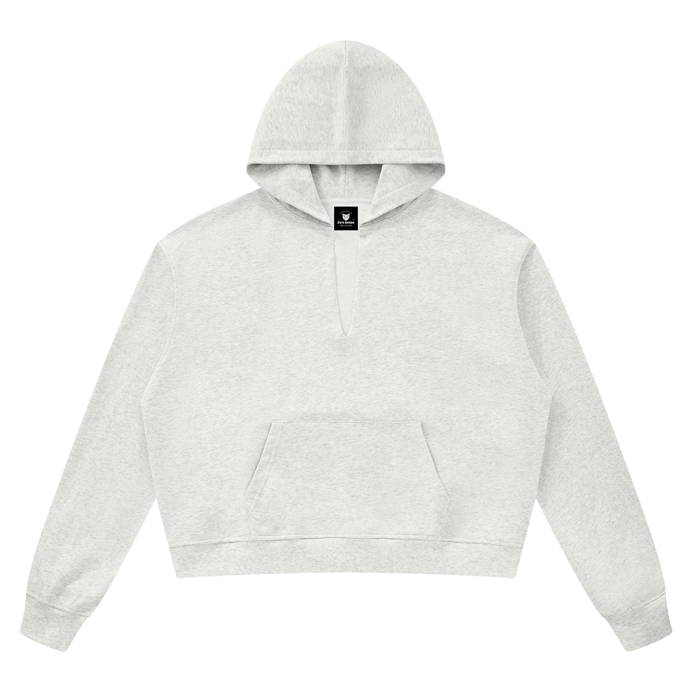 Hoodie boxy bord brut unisexe gris avoine chiné vu de face, poche kangourou