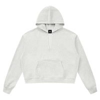 Hoodie boxy bord brut unisexe gris avoine chiné vu de face, poche kangourou