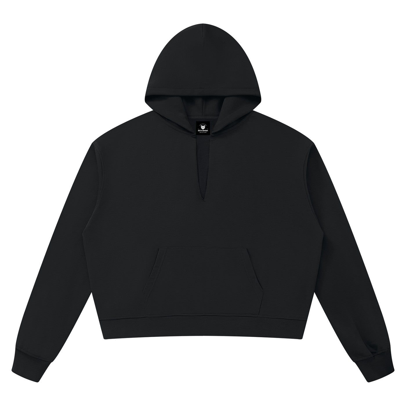 Hoodie boxy bord brut unisexe noir vu de face, poche kangourou