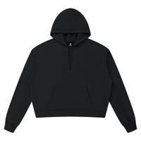 Hoodie boxy bord brut unisexe noir vu de face, poche kangourou