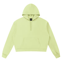 Hoodie boxy bord brut unisexe vert clair vu de face, poche kangourou