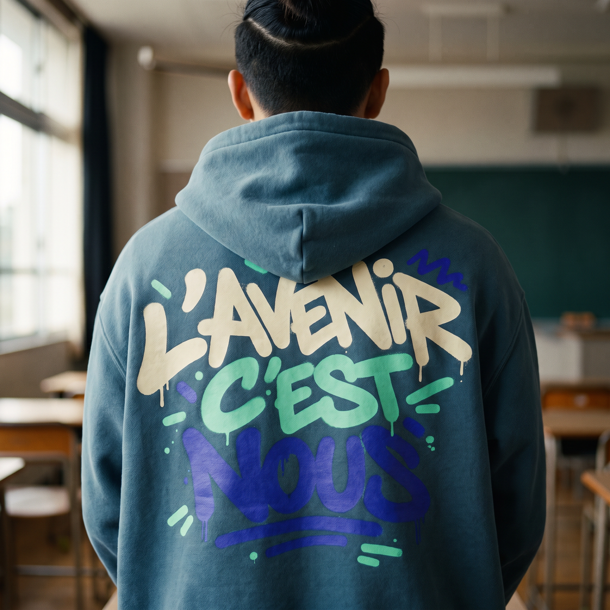 Gros plan du print sur le hoodie boxy Gen Z « L'avenir c'est nous » bleu brume porté