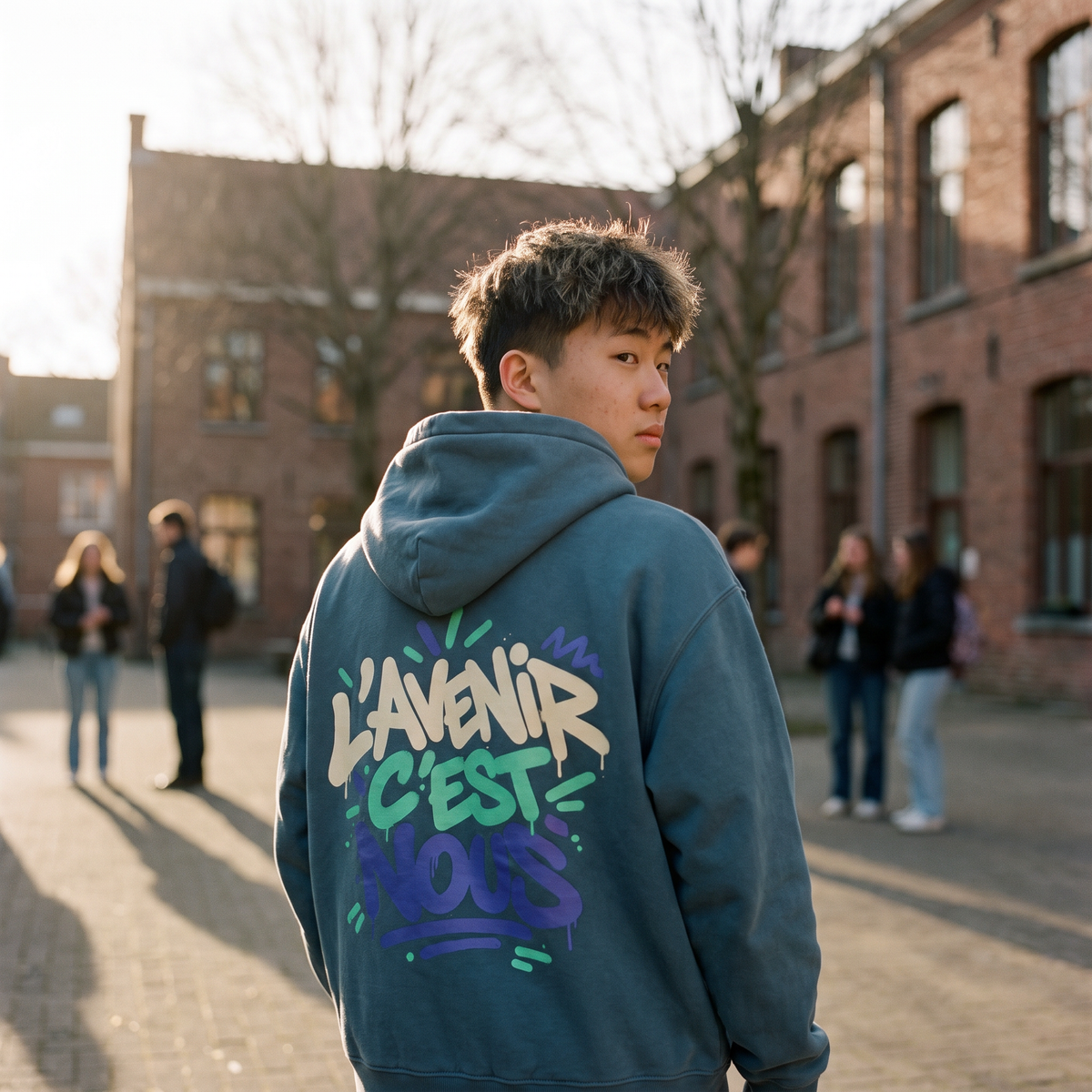 Lycéen de dos portant le hoodie boxy Gen Z « L'avenir c'est nous » bleu brume, grand print dans le dos – sweat manif original