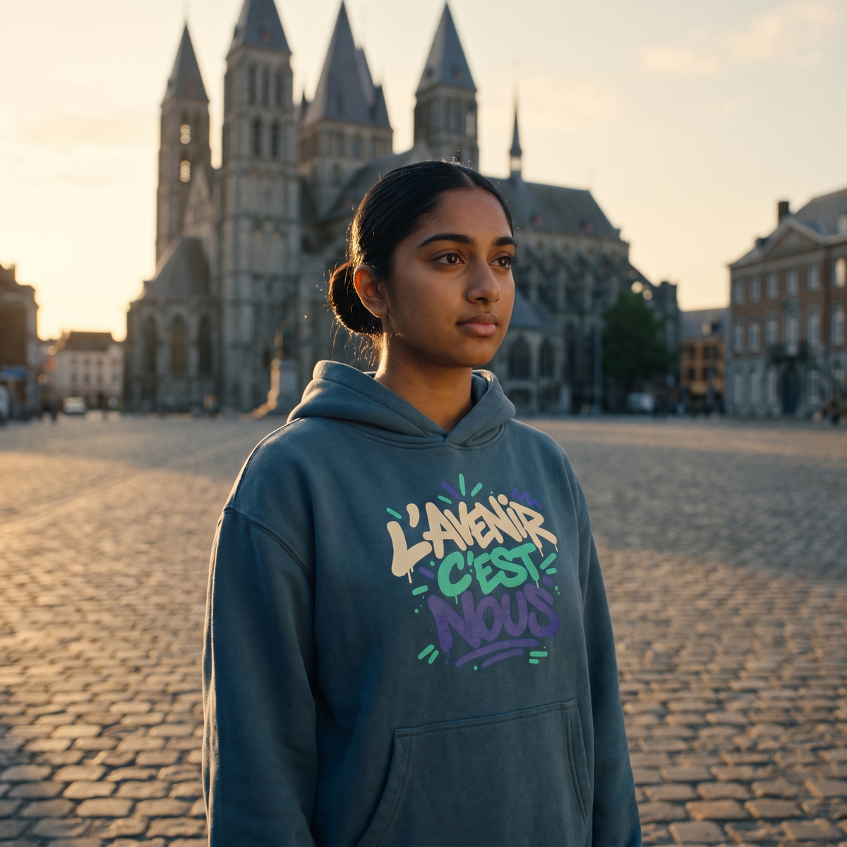 Lycéenne portant le hoodie boxy Gen Z « L'avenir c'est nous » bleu brume dans la rue – sweat Gen Z pas cher
