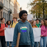 Lycéenne en manifestation pacifique avec le hoodie boxy Gen Z « L'avenir c'est nous » bleu brume