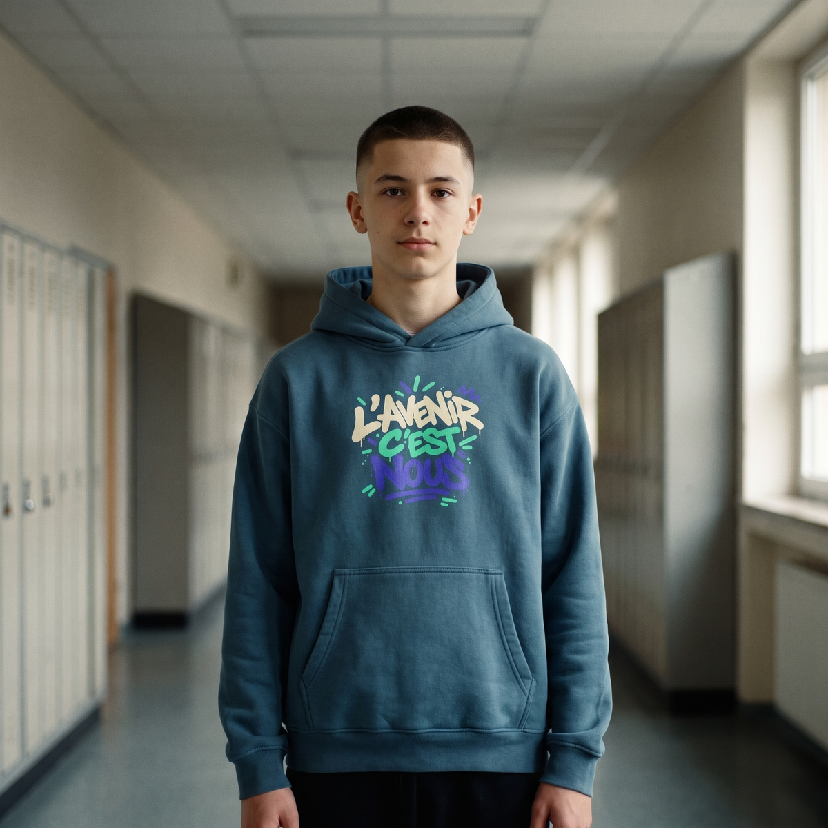 Lycéen portant le hoodie boxy Gen Z « L'avenir c'est nous » bleu brume dans un couloir de lycée – hoodie manif original