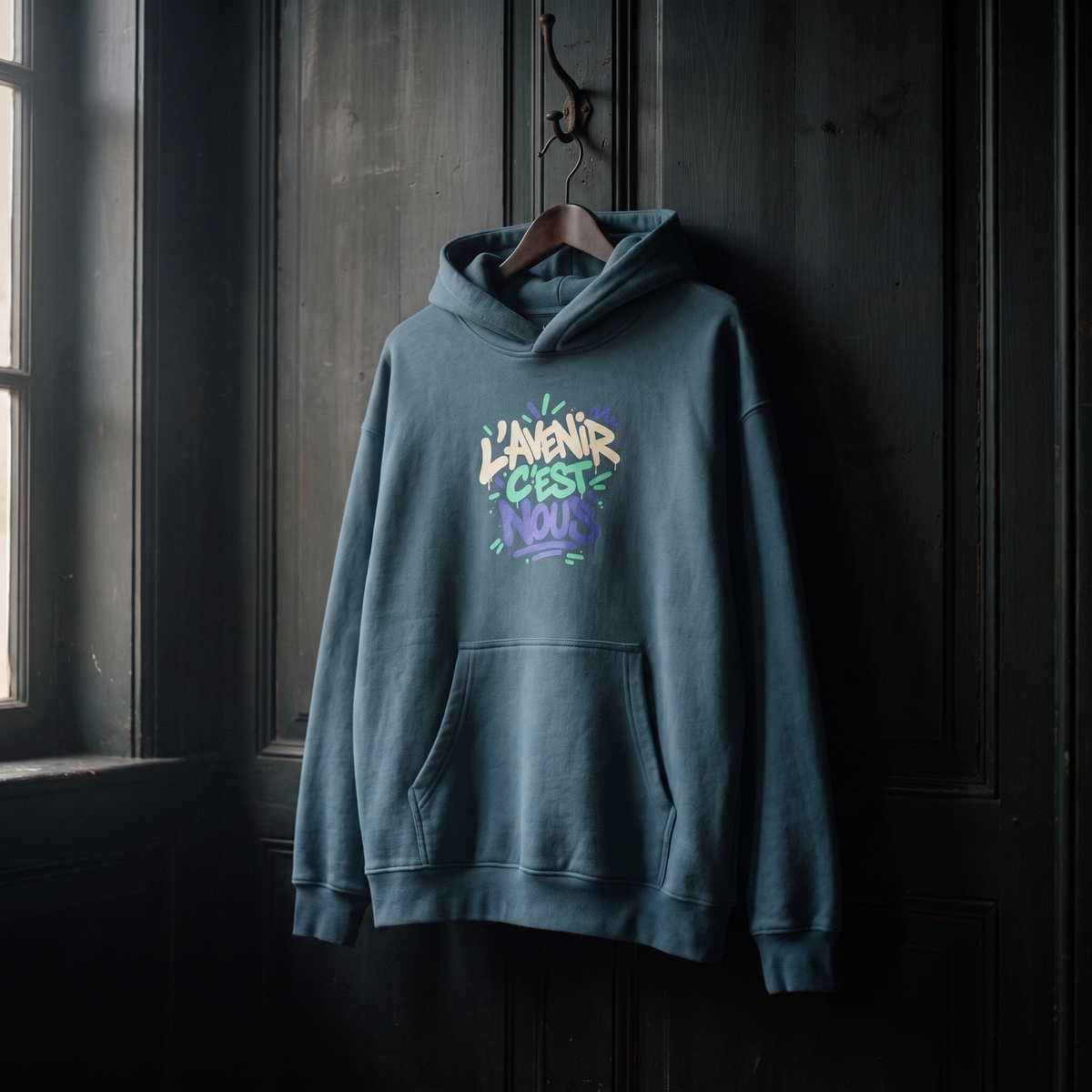 hoodie boxy Gen Z « L'avenir c'est nous » bleu brume suspendu sur un cintre en bois – sweat Gen Z original CHT'M