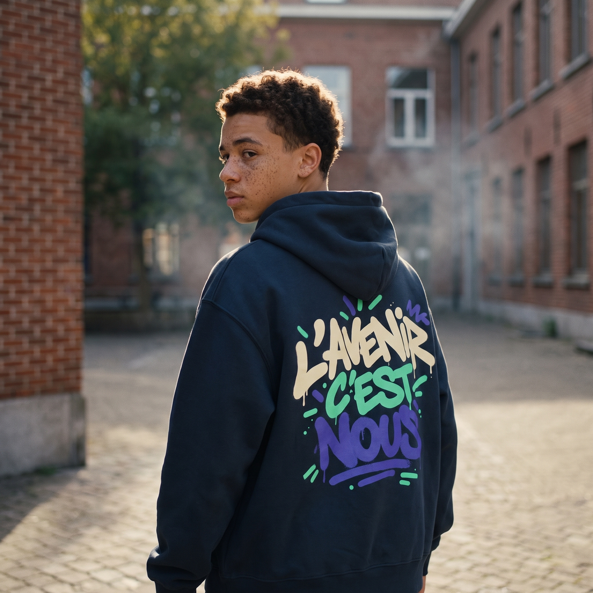 Lycéen de dos portant le hoodie boxy Gen Z « L'avenir c'est nous » bleu marine, grand print dans le dos – sweat manif original