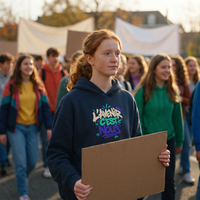 Lycéenne en manifestation pacifique avec le hoodie boxy Gen Z « L'avenir c'est nous » bleu marine