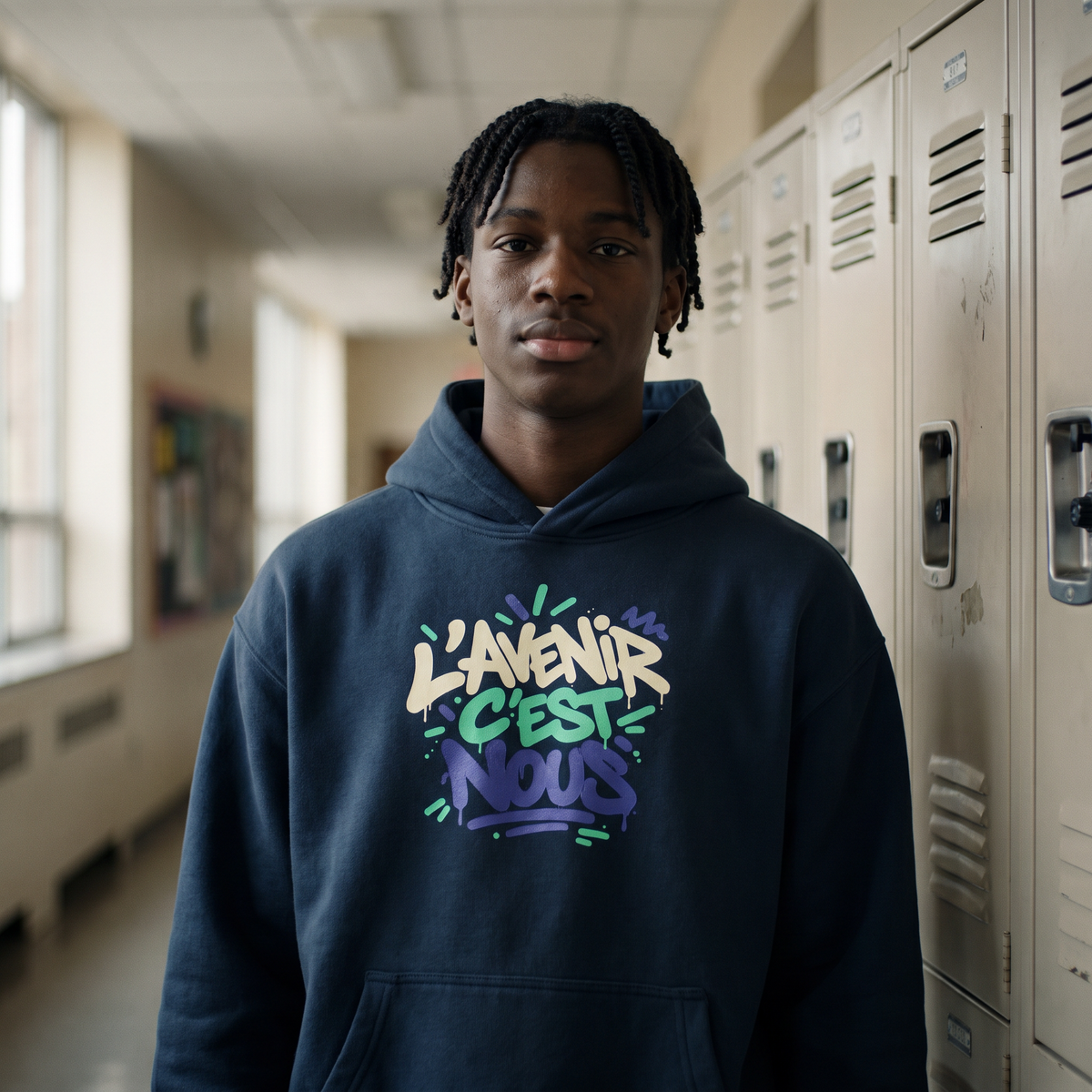 Lycéen portant le hoodie boxy Gen Z « L'avenir c'est nous » bleu marine dans un couloir de lycée – hoodie manif original