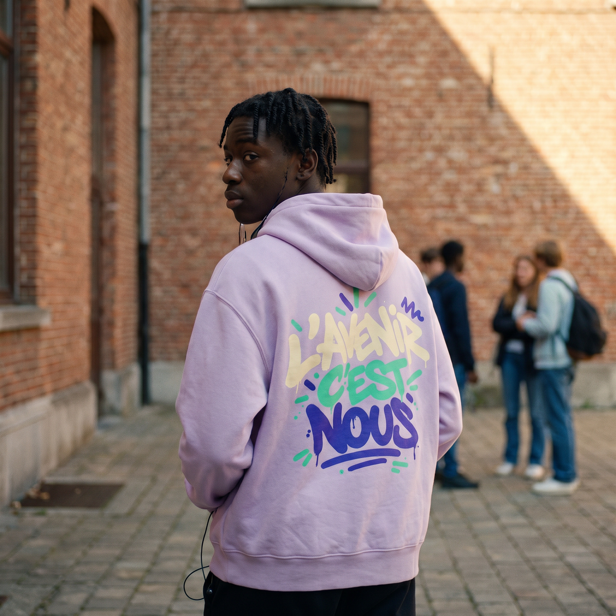 Lycéen de dos portant le hoodie boxy Gen Z « L'avenir c'est nous » lilas, grand print dans le dos – sweat manif original
