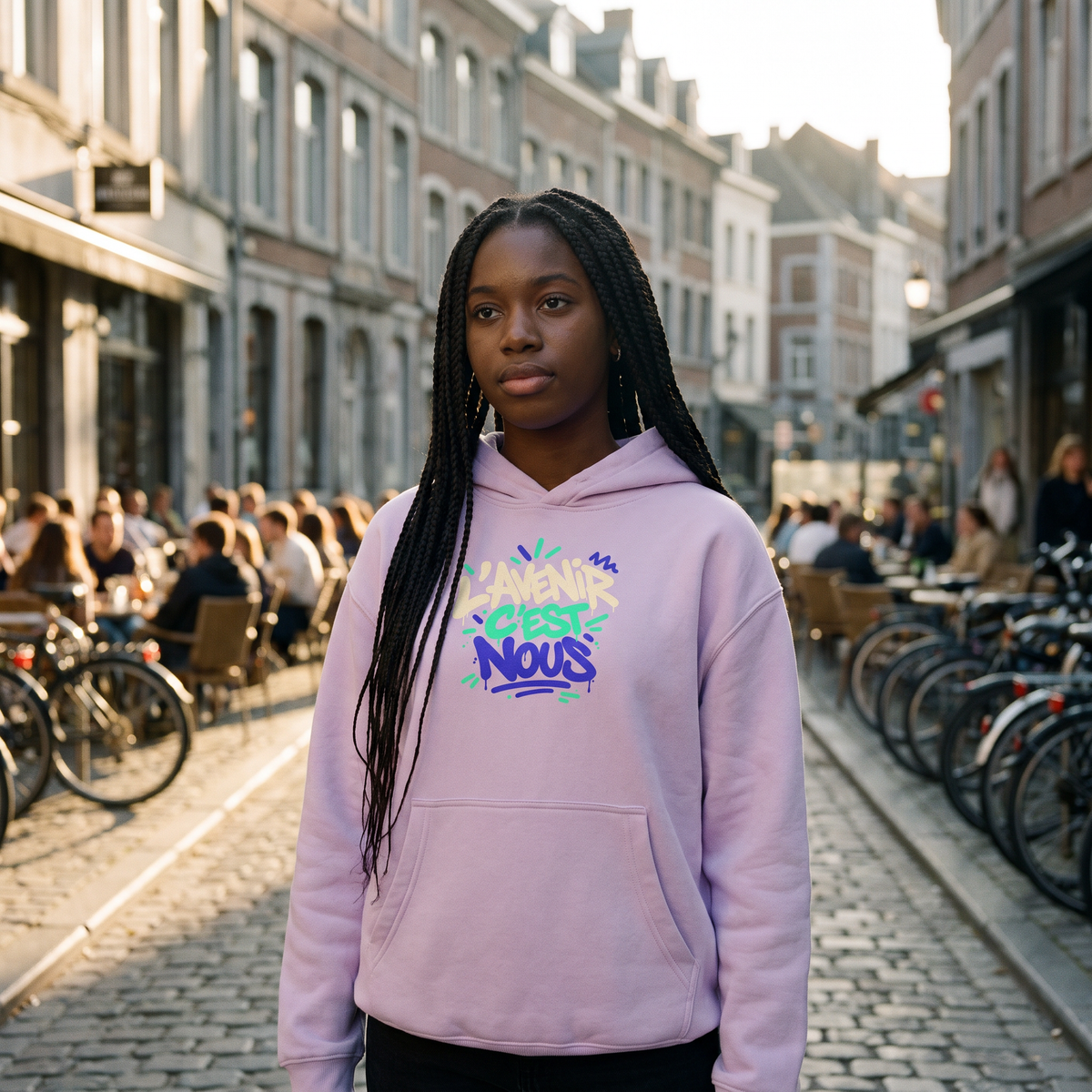 Lycéenne portant le hoodie boxy Gen Z « L'avenir c'est nous » lilas dans la rue – sweat Gen Z pas cher