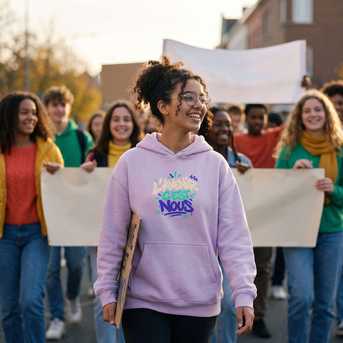 Lycéenne en manifestation pacifique avec le hoodie boxy Gen Z « L'avenir c'est nous » lilas