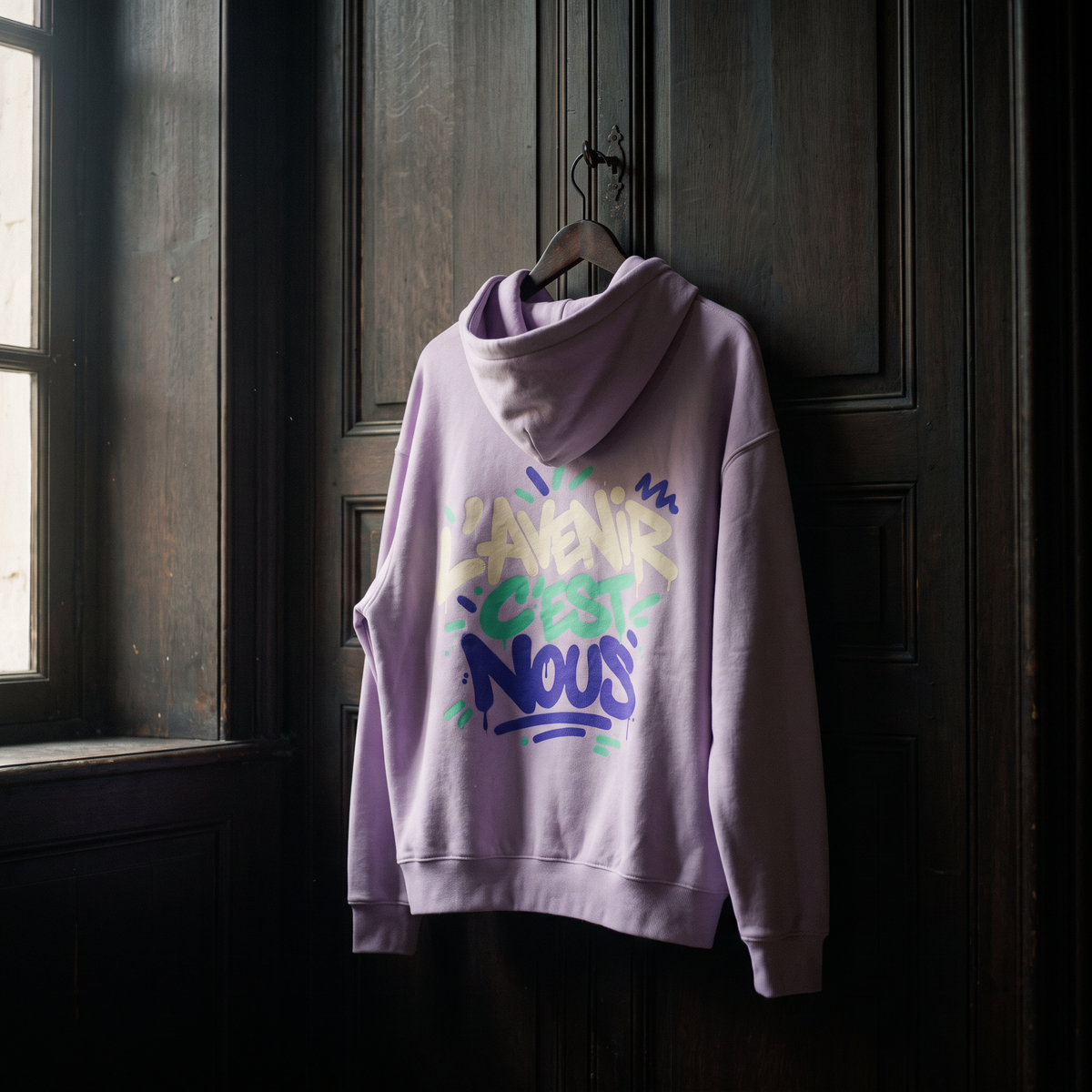 hoodie boxy Gen Z « L'avenir c'est nous » lilas suspendu sur un cintre en bois – sweat Gen Z original CHT'M