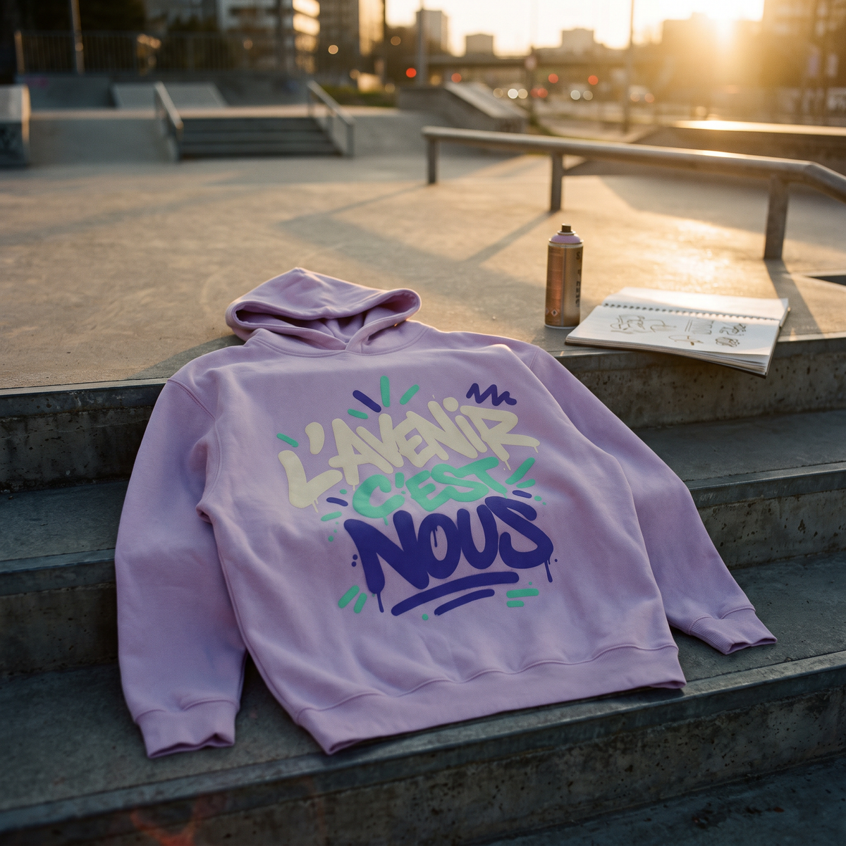hoodie boxy Gen Z « L'avenir c'est nous » lilas posé sur les marches d'un skatepark au coucher du soleil – CHT'M Boutique