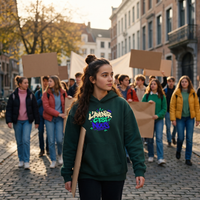 Lycéenne en manifestation pacifique avec le hoodie boxy Gen Z « L'avenir c'est nous » vert sapin