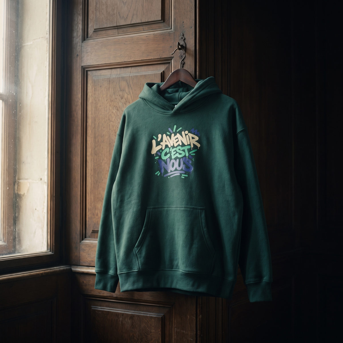 hoodie boxy Gen Z « L'avenir c'est nous » vert sapin suspendu sur un cintre en bois – sweat Gen Z original CHT'M