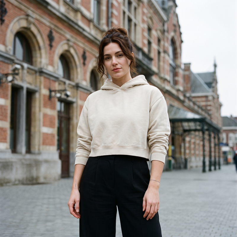 Hoodie crop top femme effet minéral original crème — look streetwear porté en ville en Belgique, CHT'M Boutique