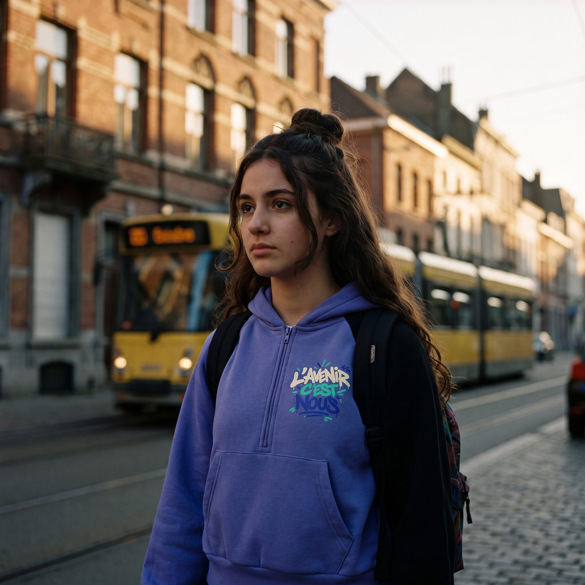 Lycéenne portant le hoodie Gen Z bicolore violet dans une rue de Bruxelles – hoodie Gen Z