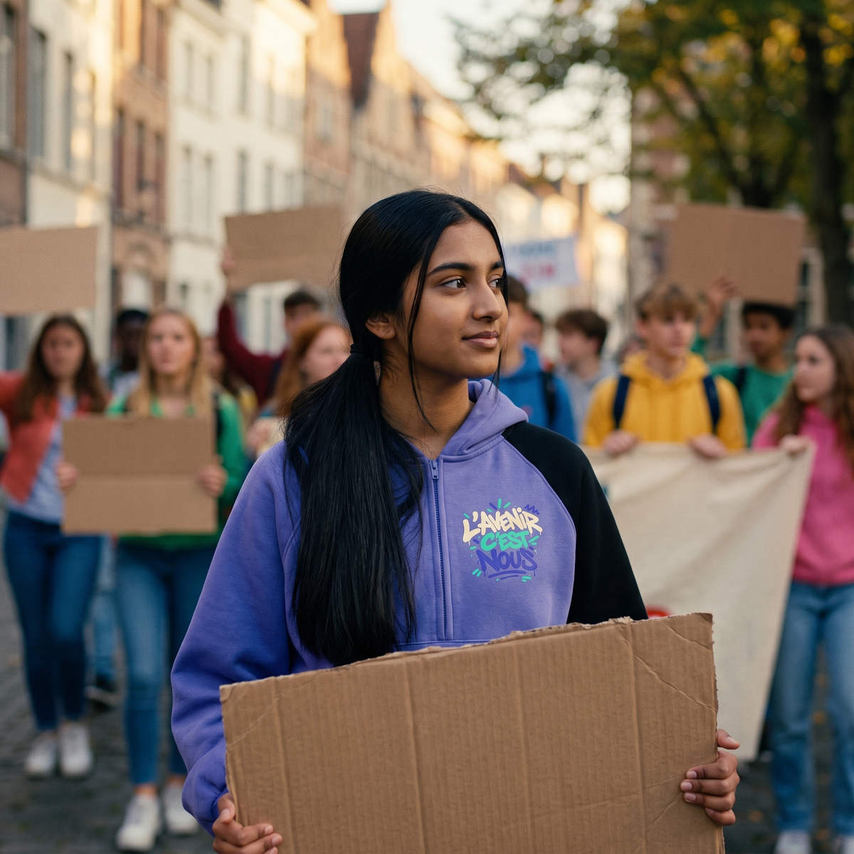 Lycéenne en manifestation pacifique avec le hoodie Gen Z bicolore violet et noir