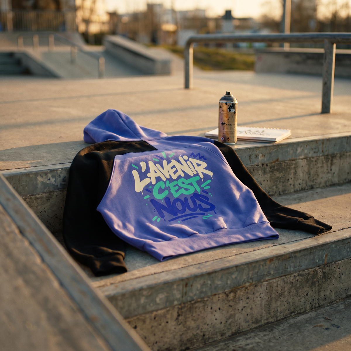 Hoodie Gen Z bicolore violet et noir posé sur les marches d'un skatepark – CHT'M Boutique
