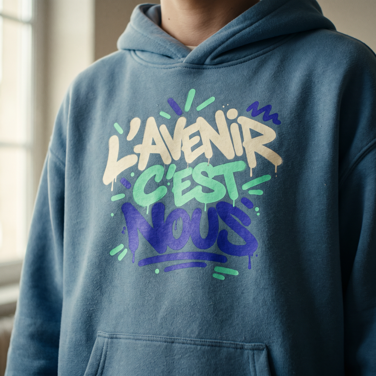 Gros plan du graffiti L'avenir c'est nous sur le hoodie oversize bleu acier porté
