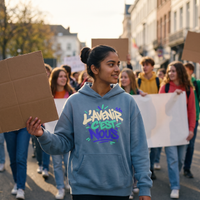 Lycéenne en manifestation pacifique avec le hoodie oversize Gen Z bleu acier