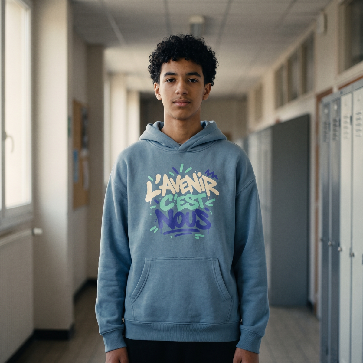 Lycéen portant le hoodie oversize Gen Z bleu acier dans un couloir de lycée