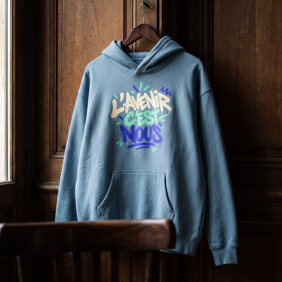 Hoodie oversize Gen Z bleu acier L'avenir c'est nous sur cintre en bois