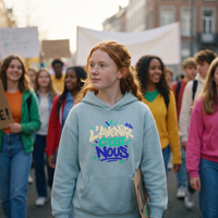 Lycéenne en manifestation pacifique avec le hoodie oversize Gen Z bleu ciel