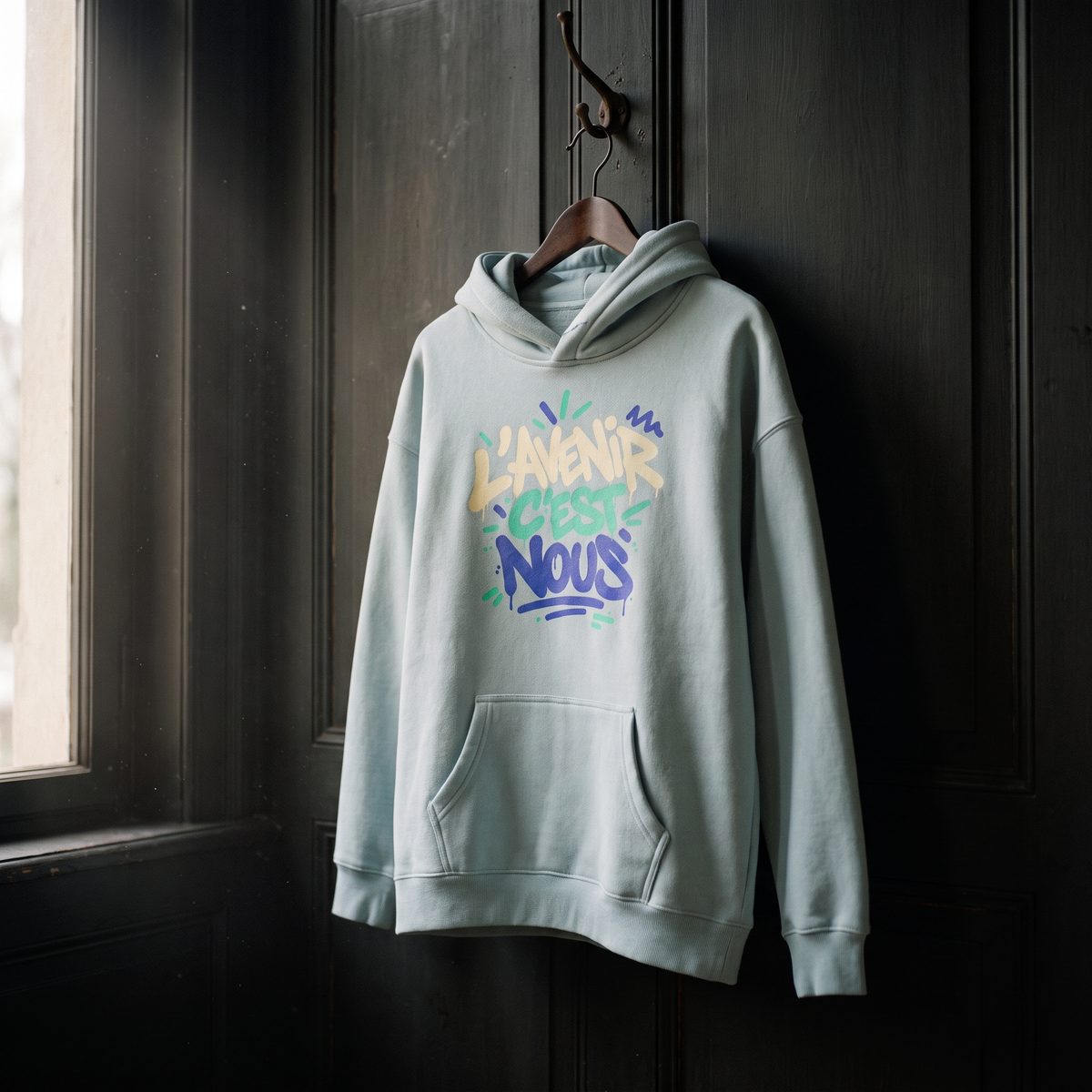 Hoodie oversize Gen Z bleu ciel L'avenir c'est nous suspendu sur un cintre en bois