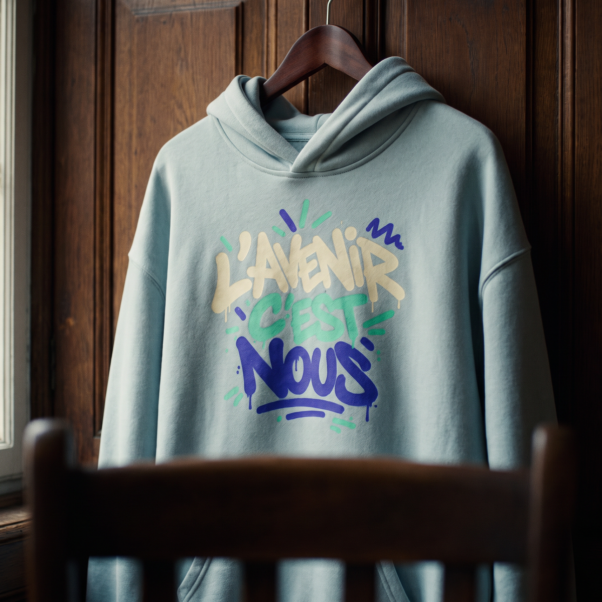 Gros plan du hoodie oversize Gen Z bleu ciel sur cintre