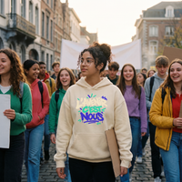 Lycéenne en manifestation pacifique avec le hoodie oversize Gen Z vanille