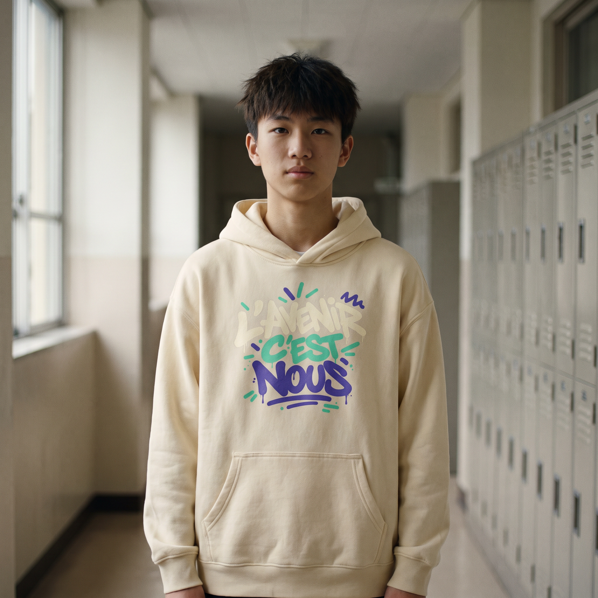 Lycéen portant le hoodie oversize Gen Z vanille dans un couloir de lycée