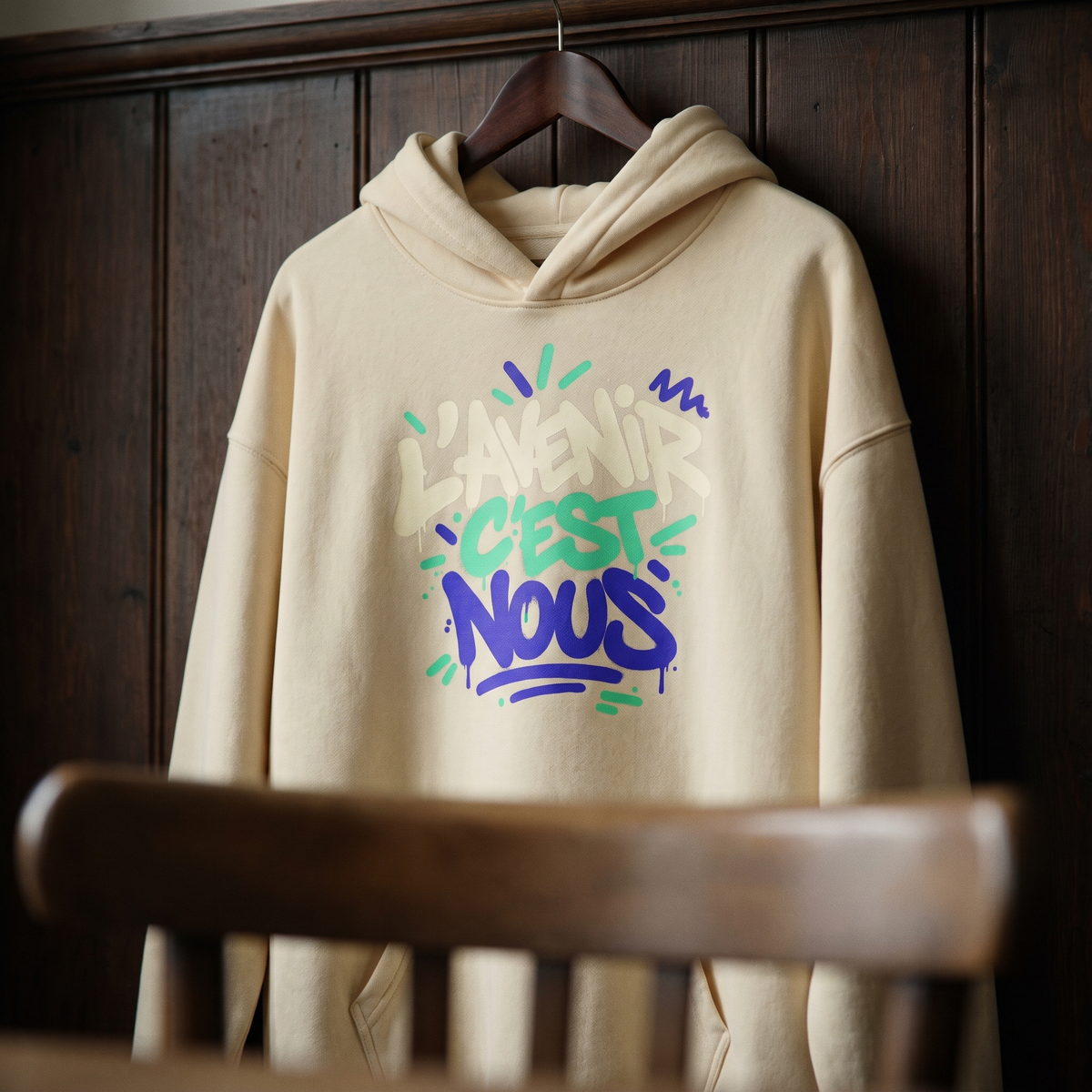 Gros plan du hoodie oversize Gen Z vanille sur cintre
