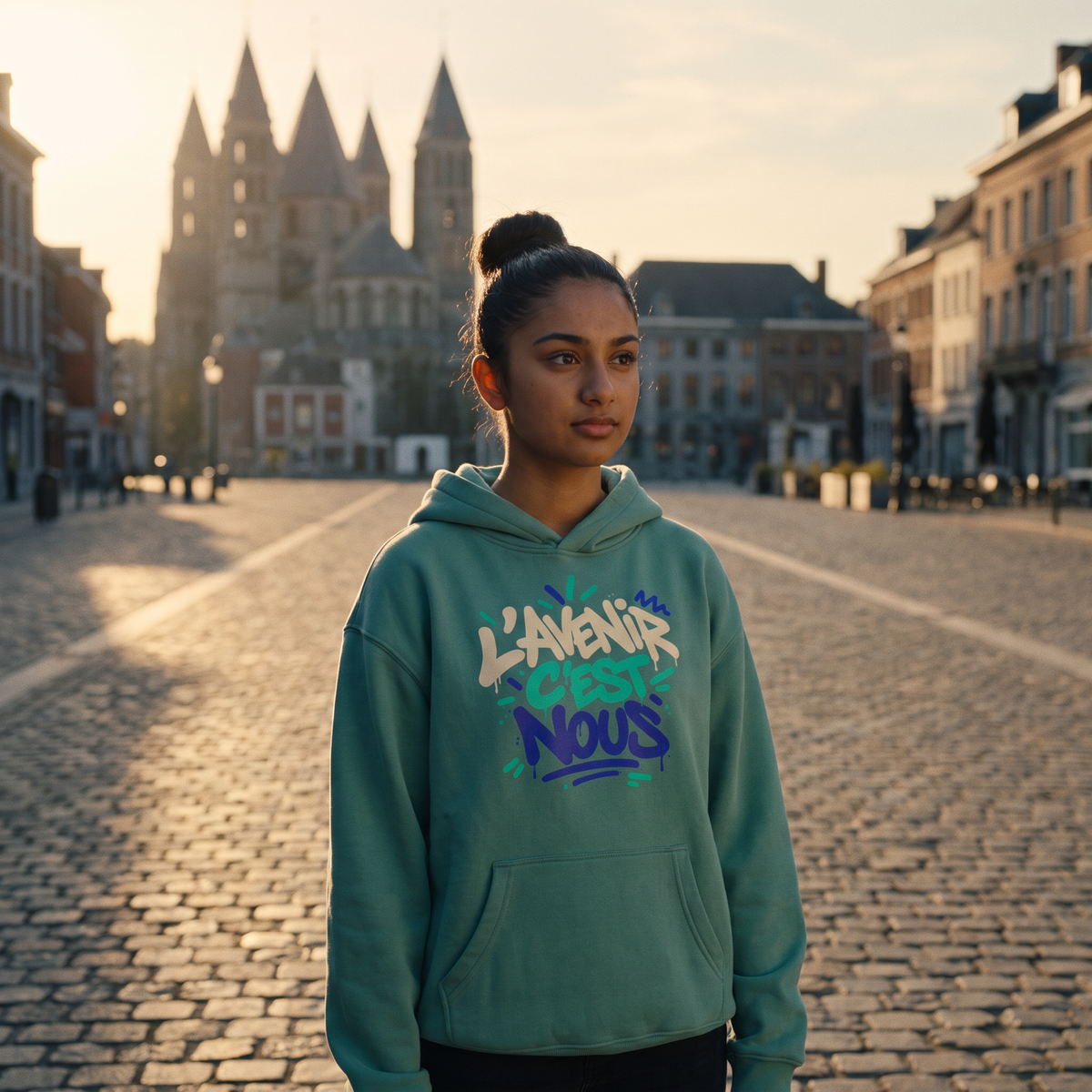 Lycéenne portant le hoodie oversize Gen Z vert jade sur la Grand-Place de Tournai