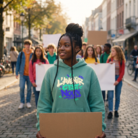 Lycéenne en manifestation pacifique avec le hoodie oversize Gen Z vert jade