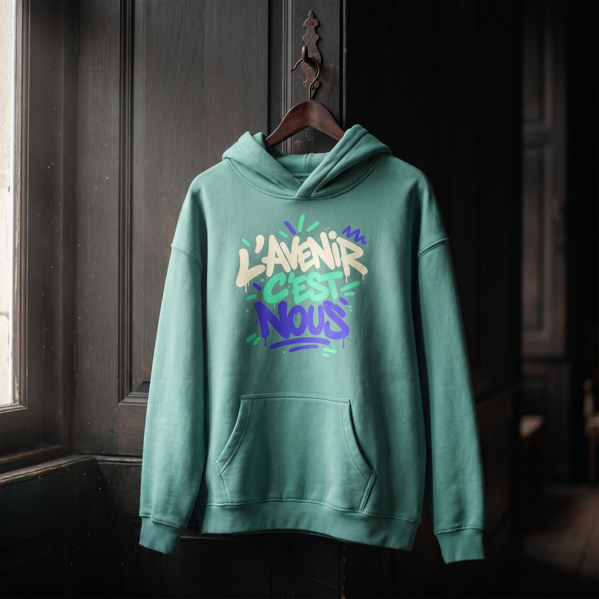 Hoodie oversize Gen Z vert jade L'avenir c'est nous suspendu sur un cintre en bois – hoodie original CHT'M