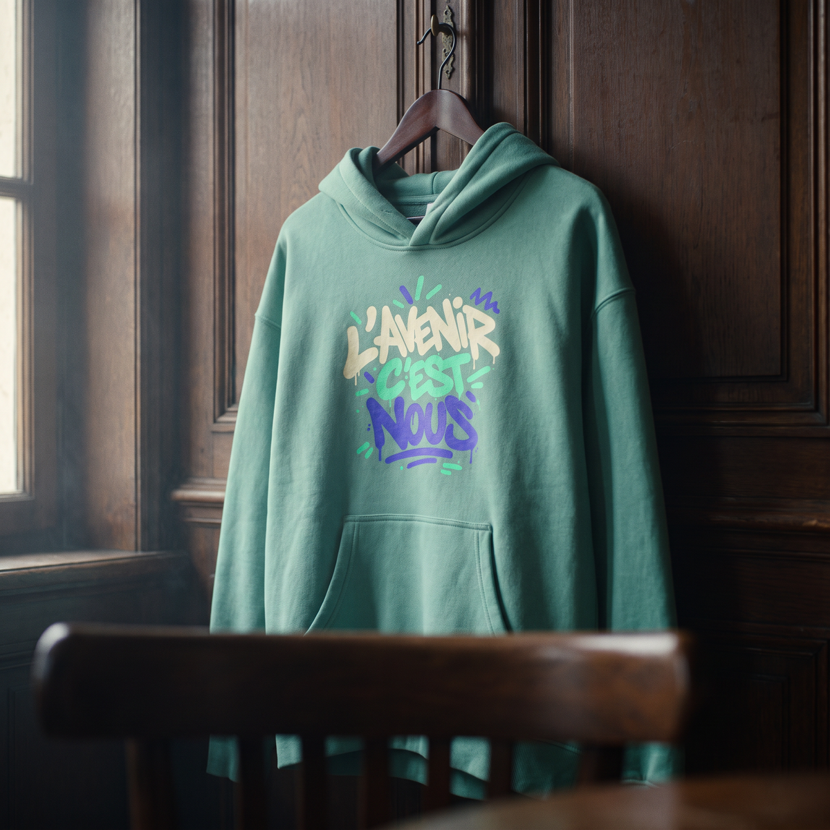 Gros plan du hoodie oversize Gen Z vert jade sur cintre