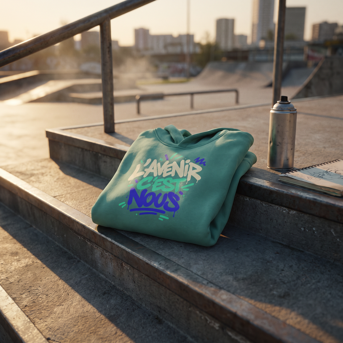 Hoodie oversize Gen Z vert jade plié sur les marches d'un skatepark – CHT'M Boutique