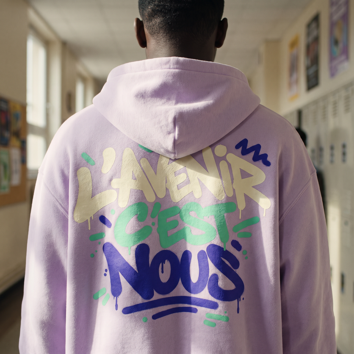 Gros plan du grand graffiti L'avenir c'est nous dans le dos du hoodie zippé lilas